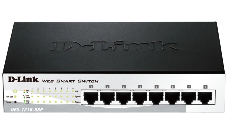 D-Link DES-1210-08P/C2A, WEB Smart III Switch with 8 PoE ports 10/100Mbps Fanless, 802.3x Flow Control, Static Port Trunking, 4094  802.1Q VLAN, 802.1p Priority Queues ACL, IGMP Snooping, Port mirror