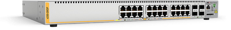 Allied Telesis L2+ managed switch, 24 x 10/100/1000Mbps POE+ ports, 4 x SFP uplink slots, 1 Fixed AC power supply